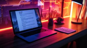 Laptop displaying a resume on a desk with a list of references beside it, illuminated by vibrant neon lights.