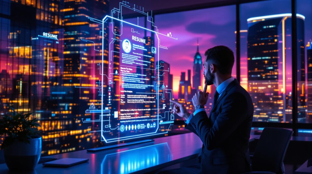 Professional man in a suit interacting with a holographic resume interface in a high-rise office with a glowing city skyline at sunset.