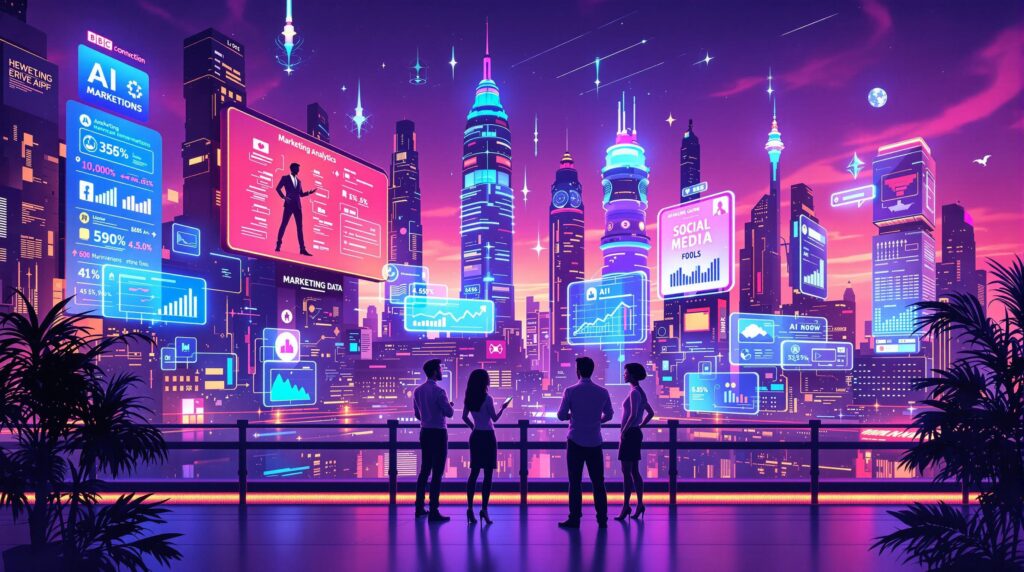 Four professionals observing holographic marketing data and AI-driven analytics in a futuristic city skyline at night.