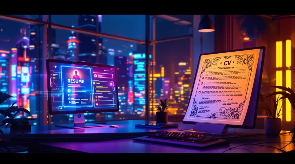 Computer screen displaying a digital resume next to a printed CV on a futuristic desk, with a city skyline in the background.