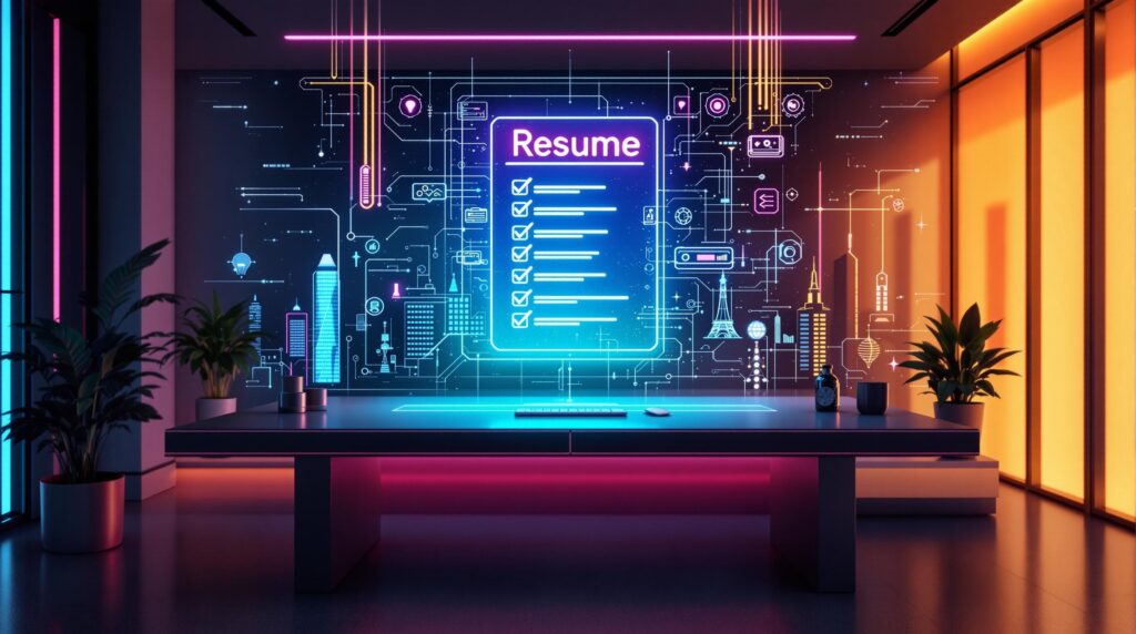 Modern workspace with a holographic screen displaying a resume checklist for 2025, surrounded by digital elements and plants.