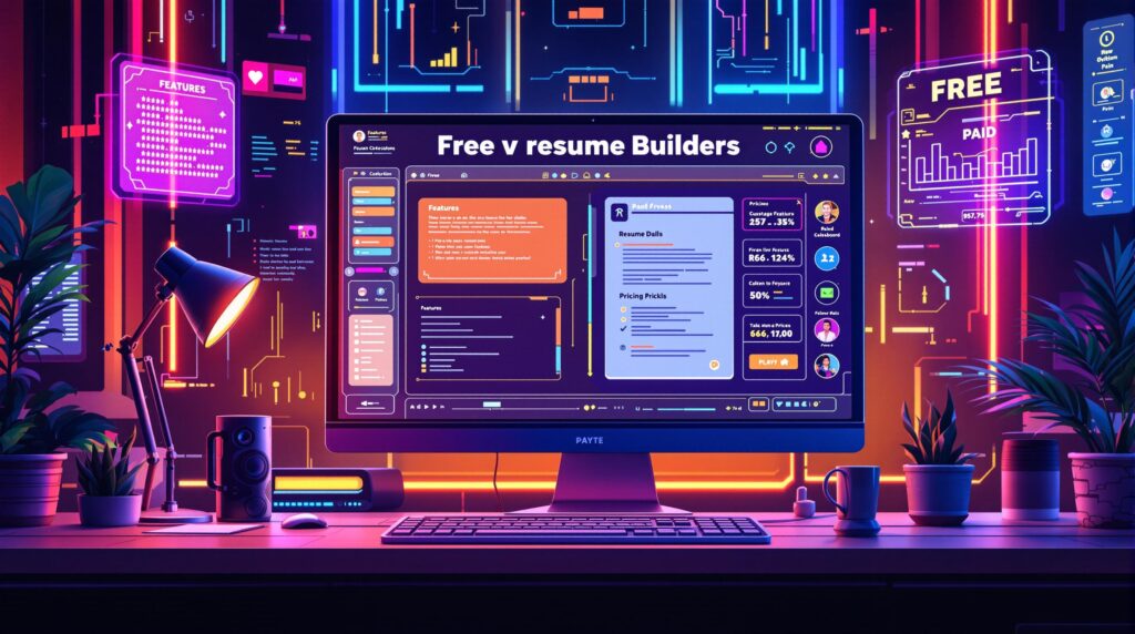 Computer screen displaying a comparison of free vs paid resume builders with data charts and customization options in a modern workspace.