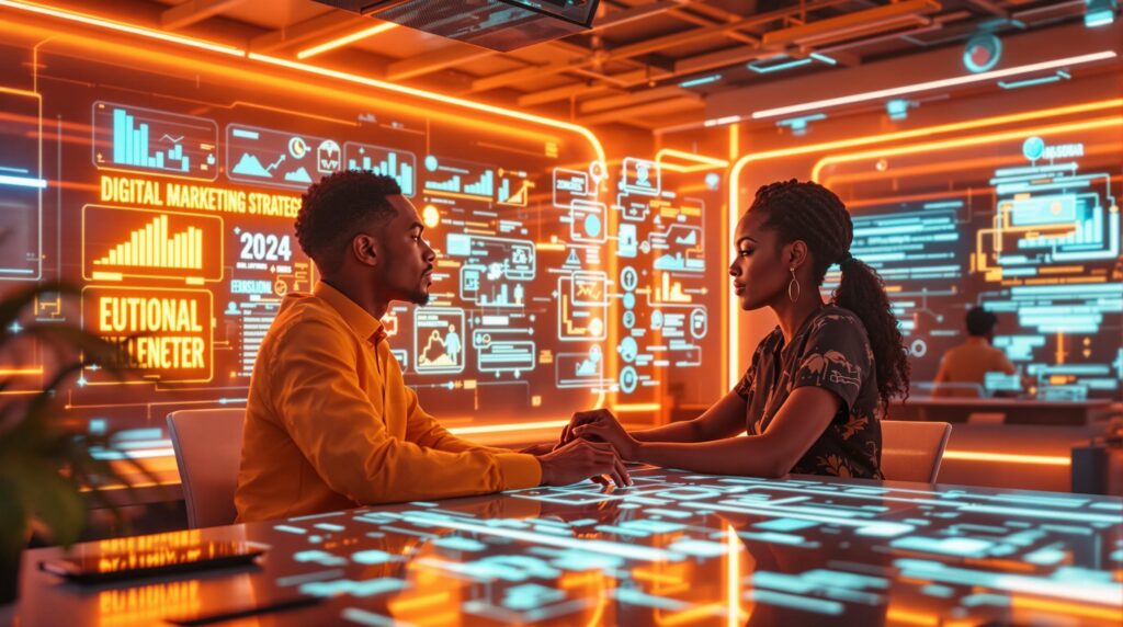 Two professionals discussing essential digital skills for 2025, surrounded by holographic screens displaying data analysis and marketing visuals.