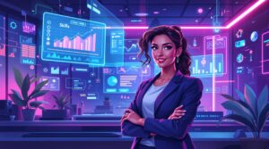 Confident professional woman standing in a futuristic office with data charts and analytics displayed on holographic screens.