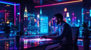 Man in a modern office using a holographic interface to optimize his resume for ATS, with a glowing city skyline in the background.