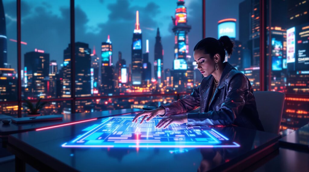 Professional woman using a futuristic AI-driven interface, symbolizing AI tools that streamline and personalize job application processes.