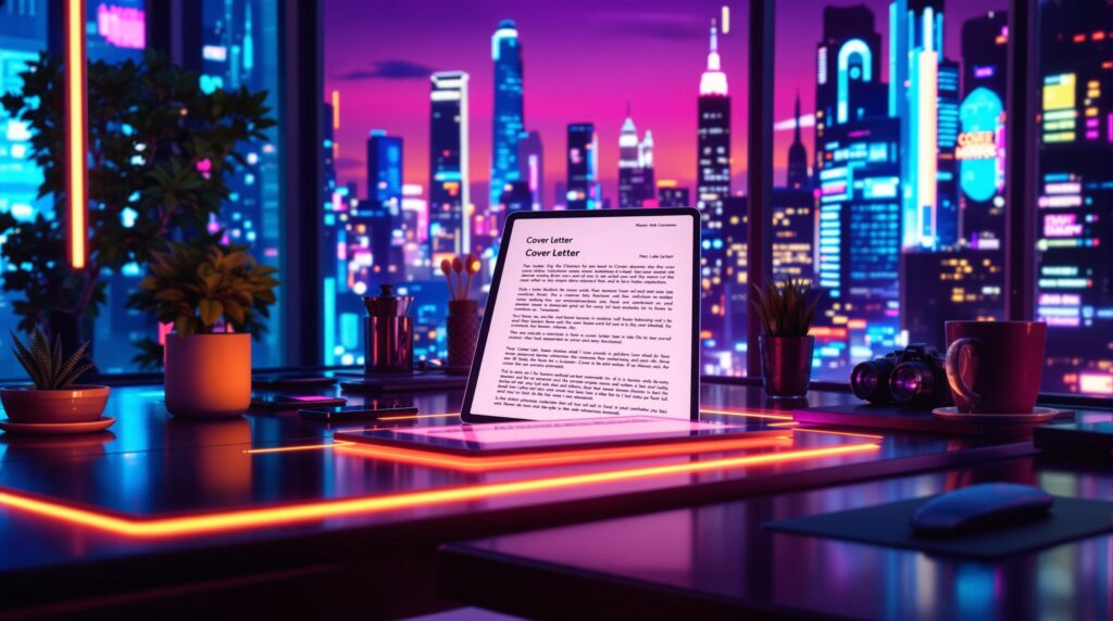 Laptop displaying a cover letter on a futuristic desk with neon lights and a city skyline in the background.